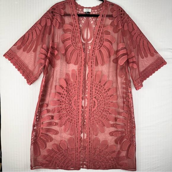 David And Young Elegant Rose Pink Floral Lace Duster Kimono Top Women’s One Size - Picture 3 of 5